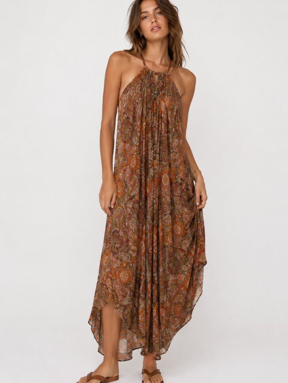 lucky brand halter dress Orange Brown Paisley Maxi Womens S Beachy Boho Classic or-slip-dresses